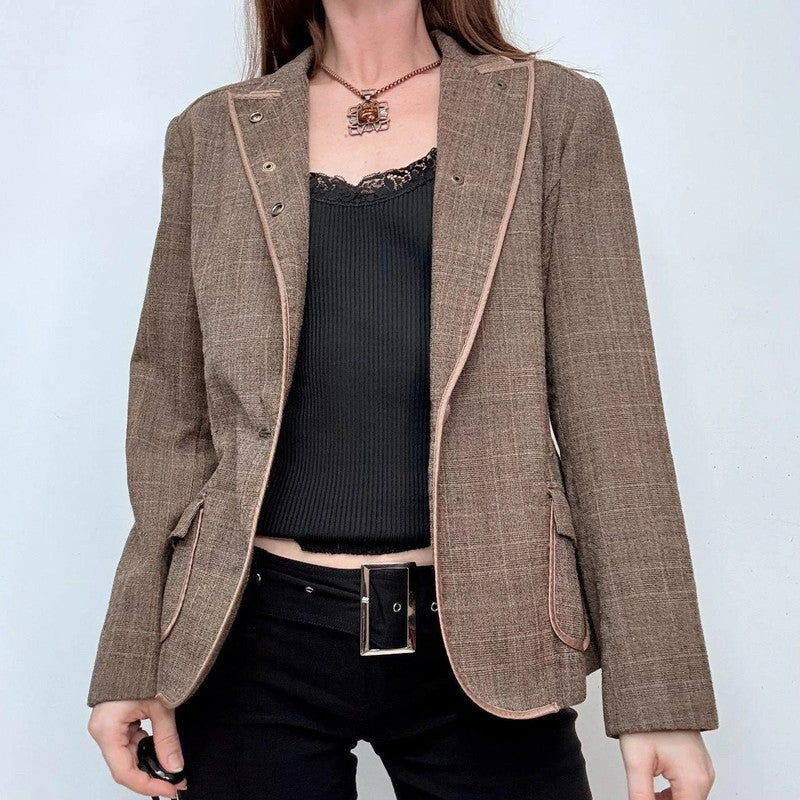brown tweed high neck popper jacket