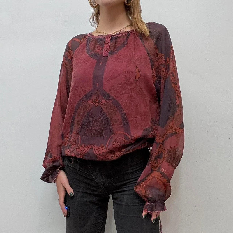 sheer red paisley boho shirt