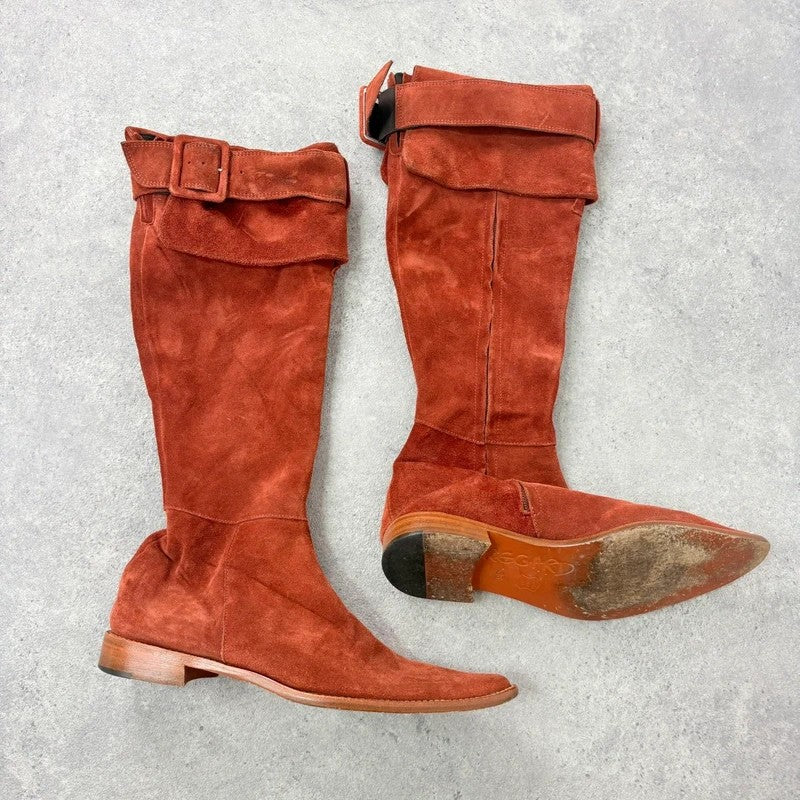 Pointed toe burnt orange suede buckle 70s boots