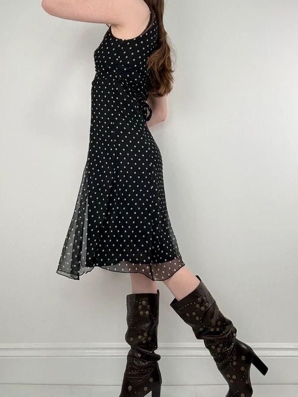 silk black and white polkadot slip dress