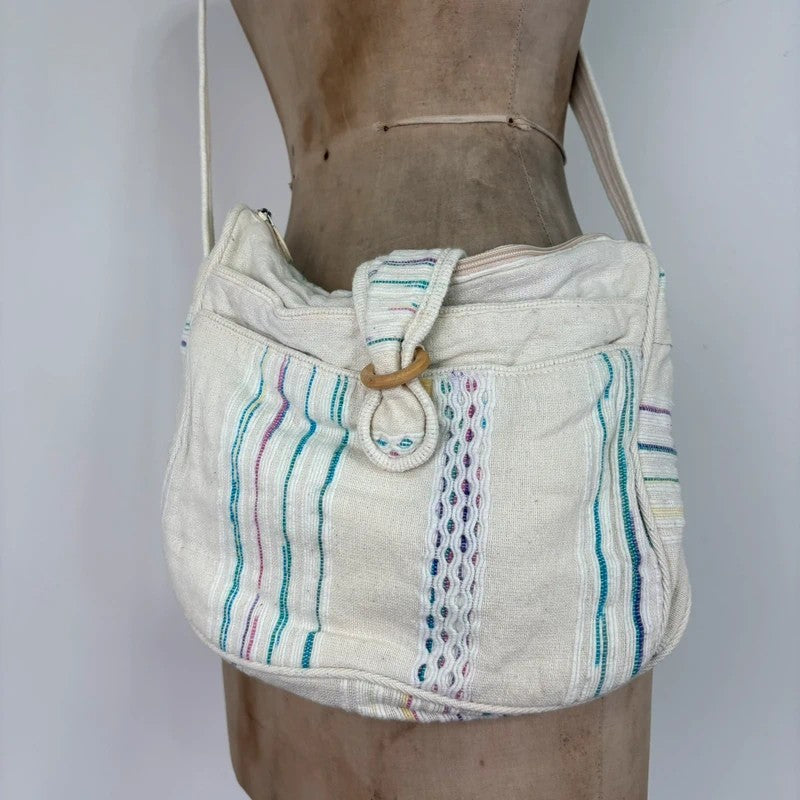 Woven cotton kantha cream crossbody bag