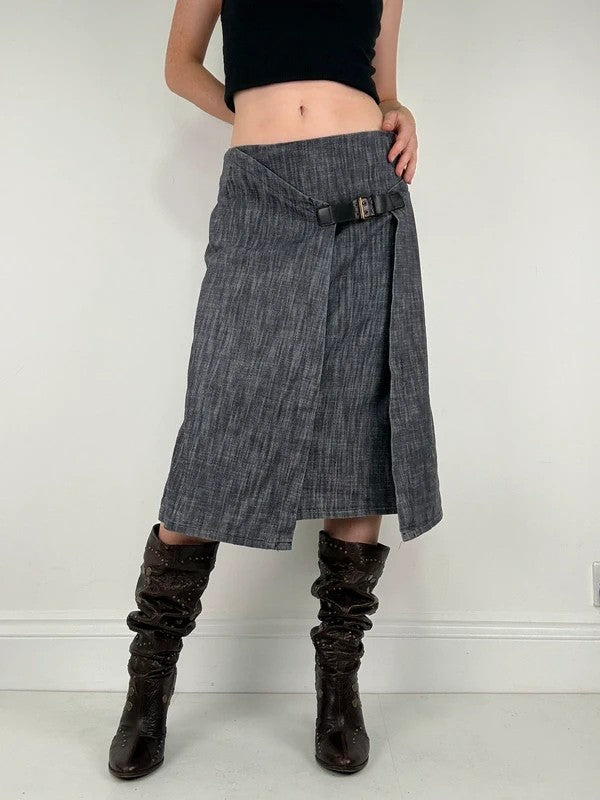 Pleated buckle front denim grunge midi skirt