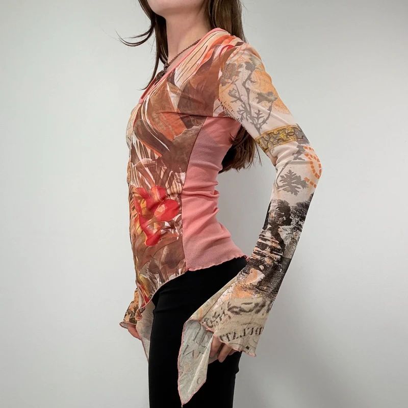 Graphic Mesh Printed Grunge Top