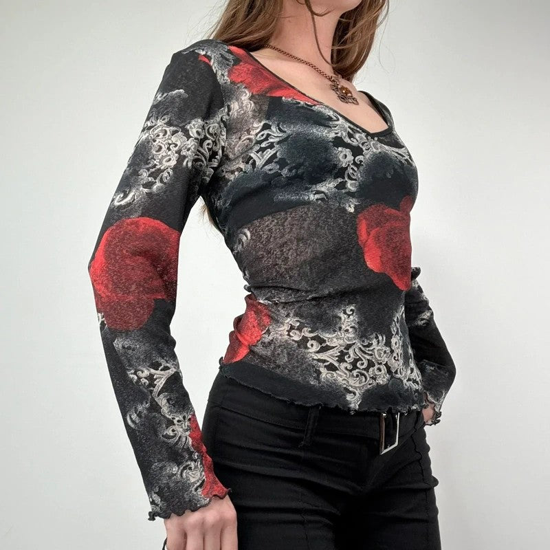 distressed floral rose print long sleeve mesh t-shirt