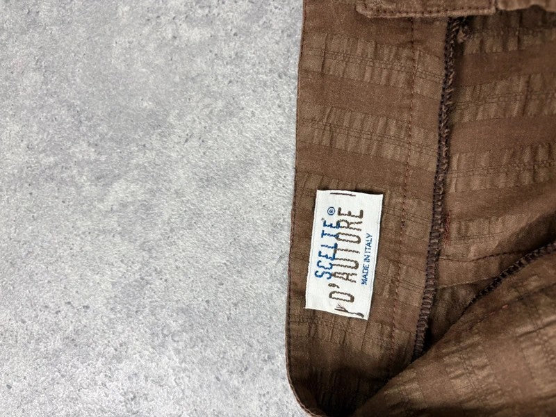 brown pinstripe wide-leg textured flare trousers