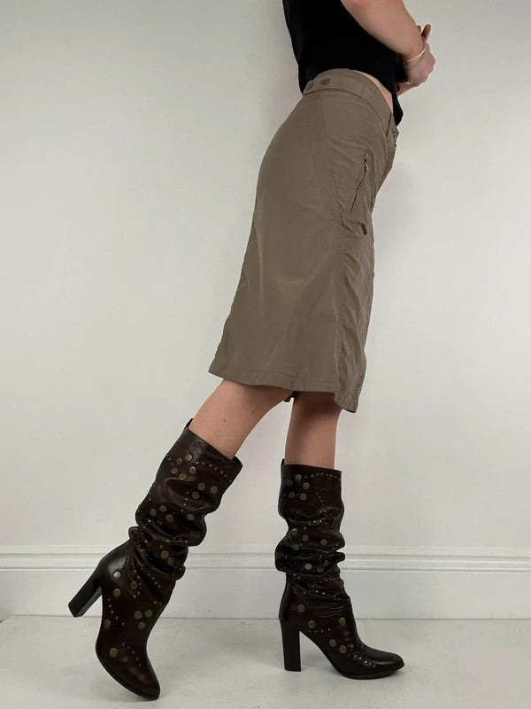 Khaki cotton cargo canvas a-line midi skirt