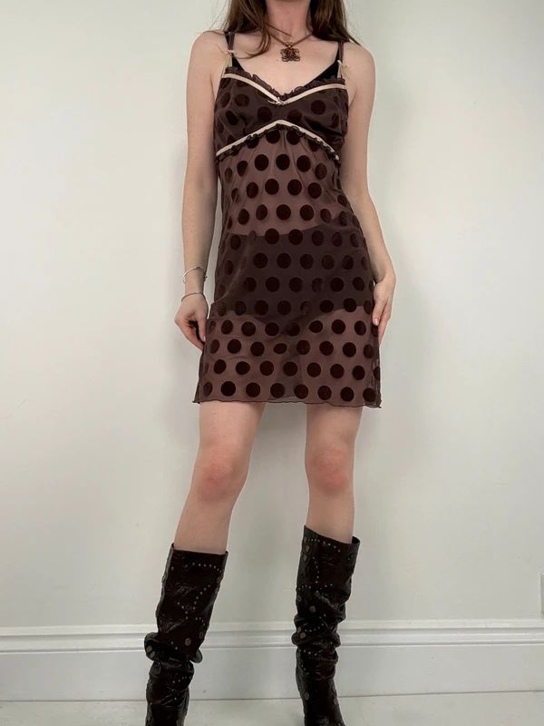 brown polkadot sheer mini slip dress