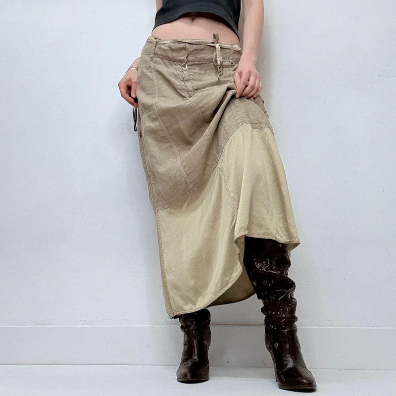 tan linen silk  a-line maxi skirt