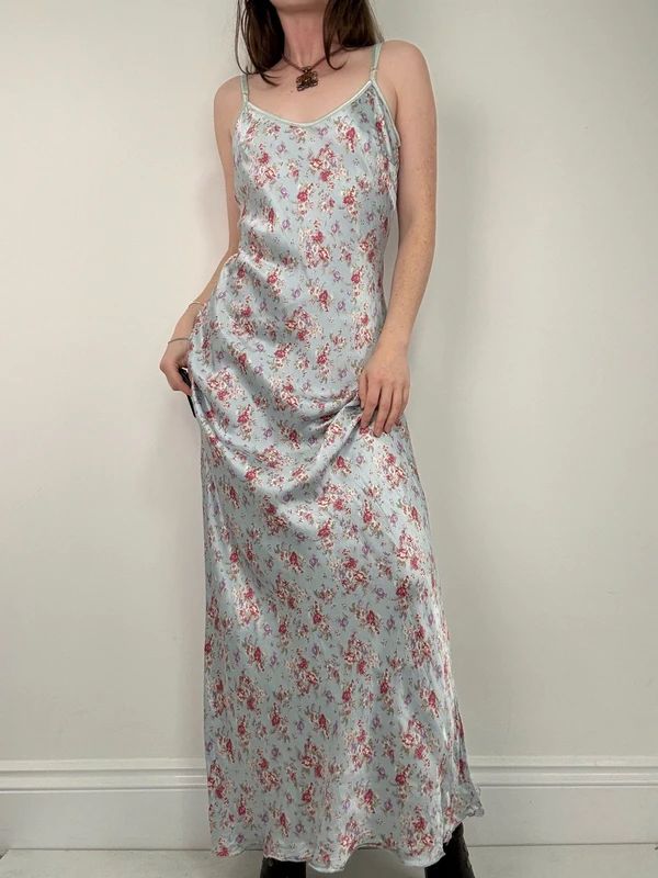 vintage bias cut baby blue floral dress