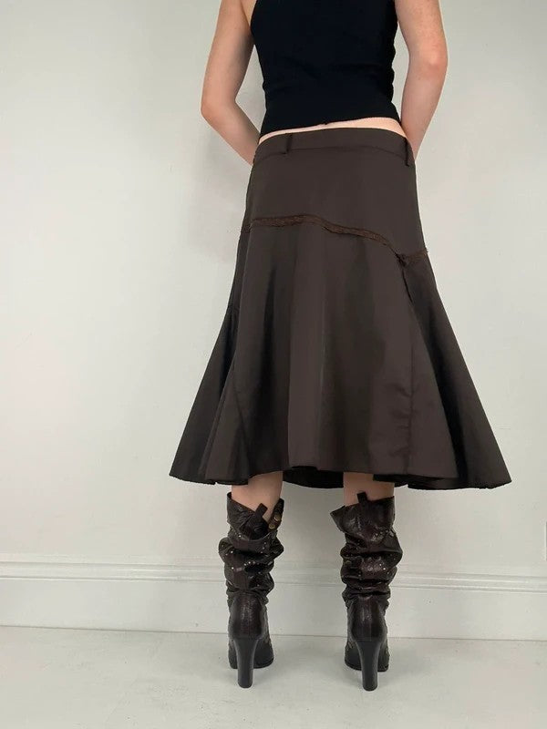 brown asymmetric waistband flared midi skirt