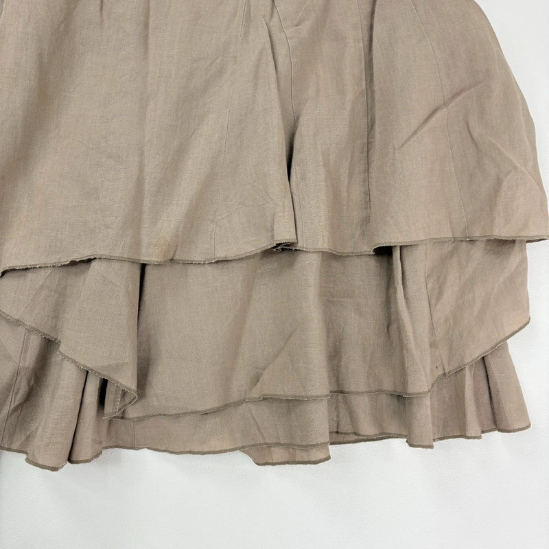 tan linen pleated asymmetric midi skirt