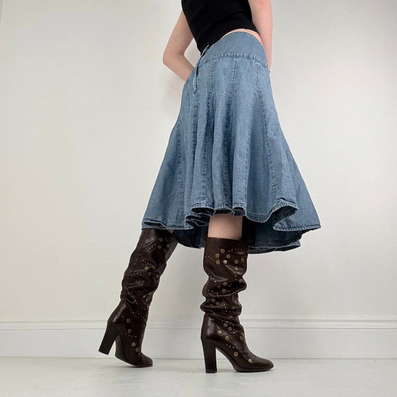 flared denim panelled midi skirt