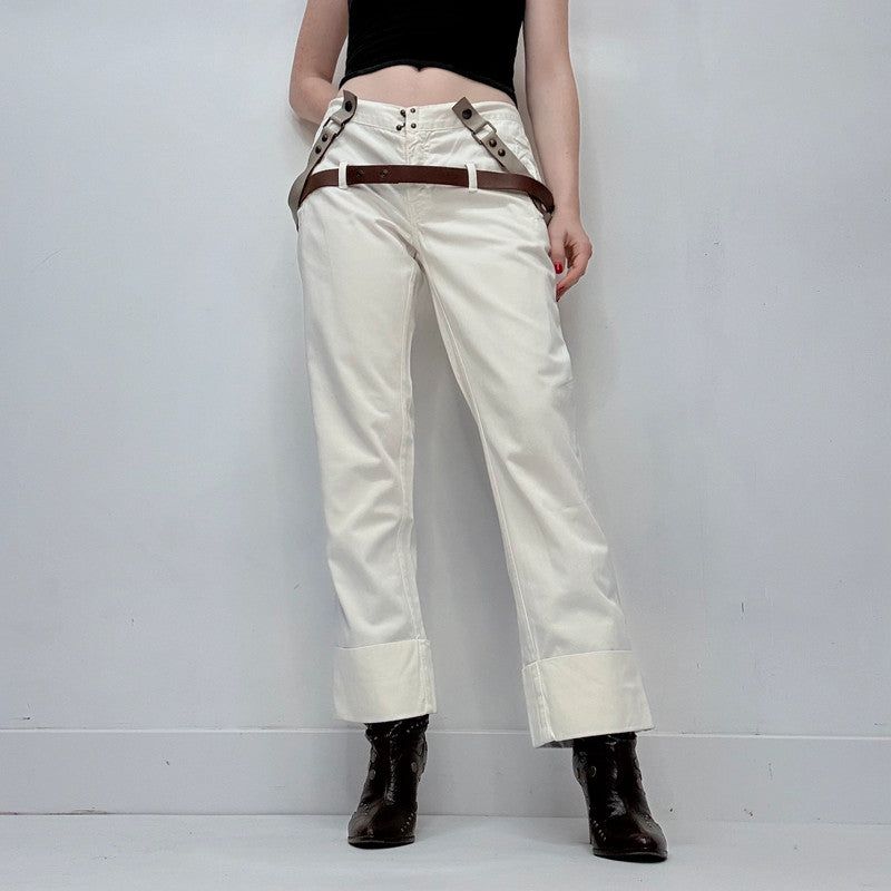 white low rise structured leather belted trousers
