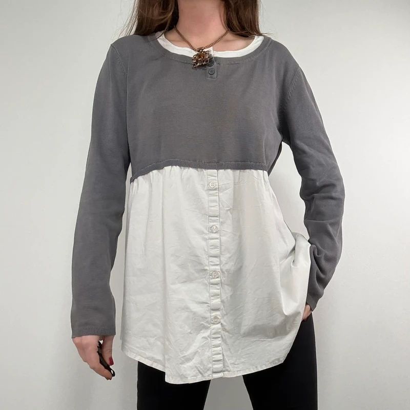 flared white shirt layered long sleeve top