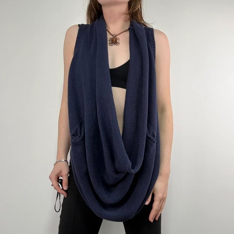 Navy knitted slouchy draped neck vest sweater