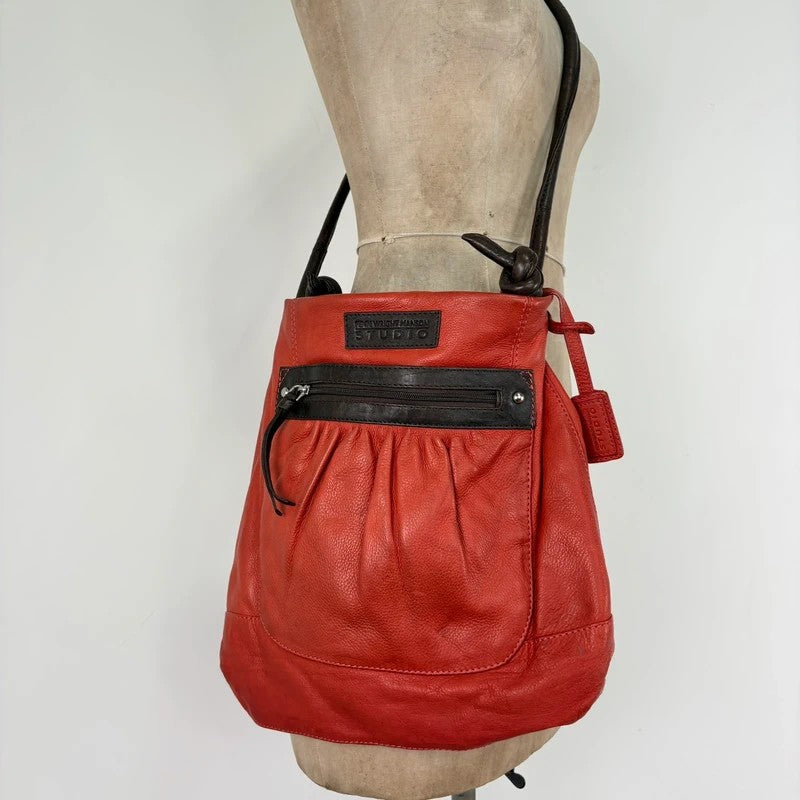 Vintage Red leather ruched pouch bag