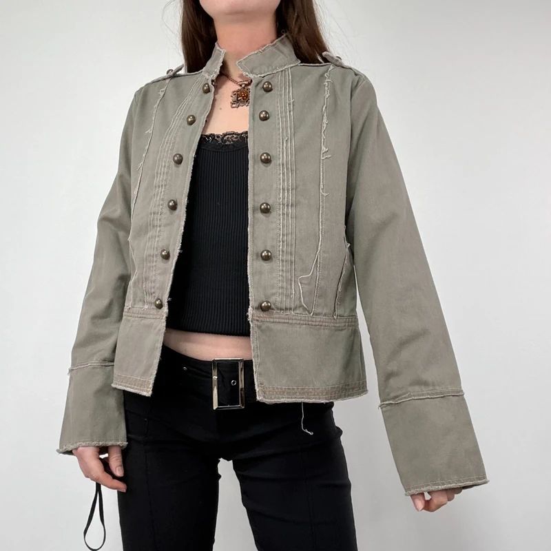 khaki military cotton utility jacket with hook and eyes