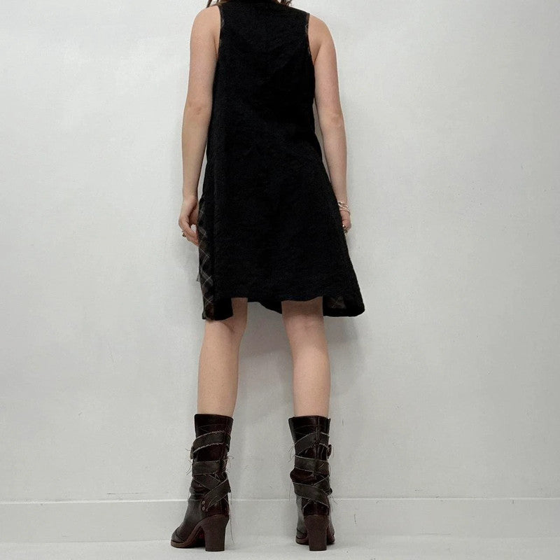 black tartan puff mini dress