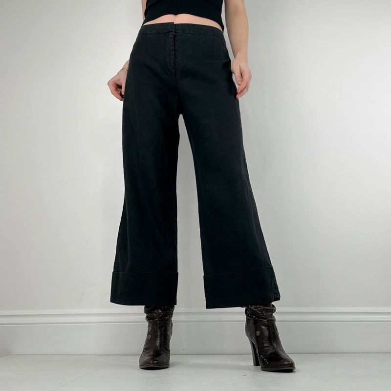 Black linen flared minimalist trousers