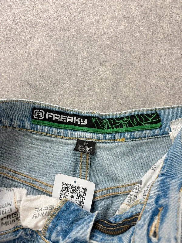 oversized wide leg denim jorts with graphic print