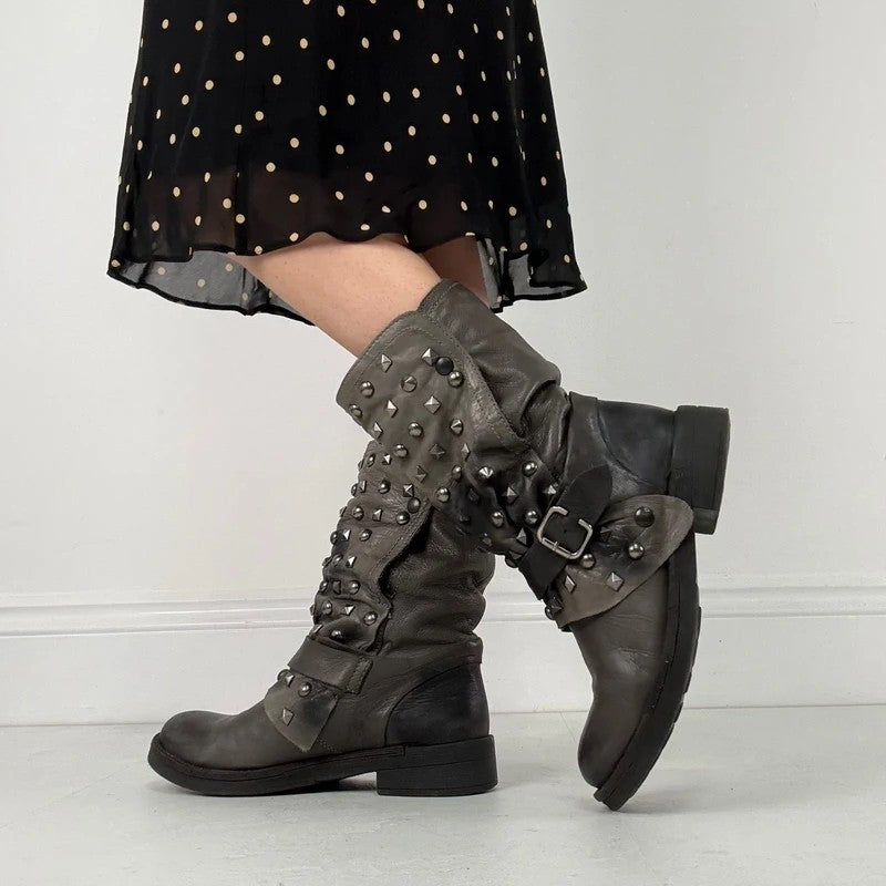 Grey studded slouchy leather boots