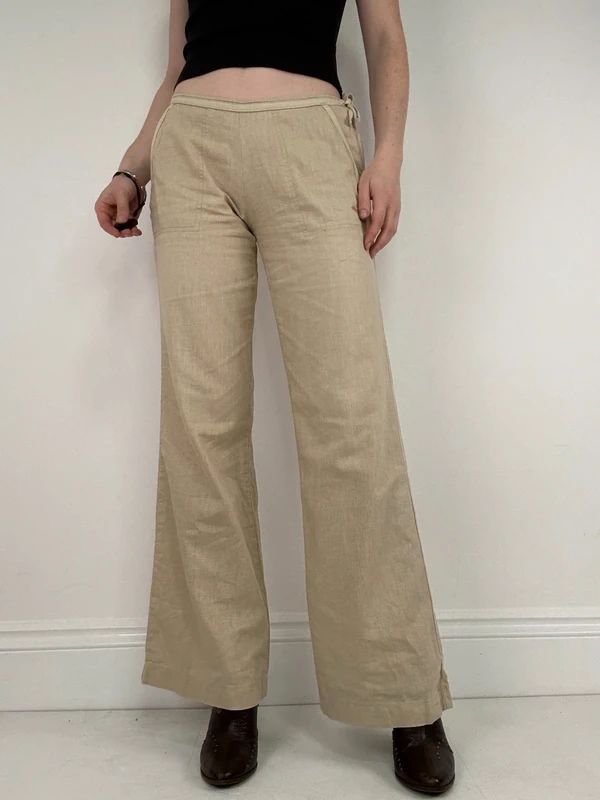low rise tie waist linen flared trousers