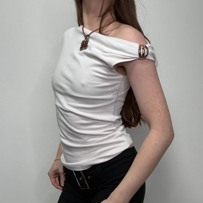 white asymmetric off the shoulder t-shirt