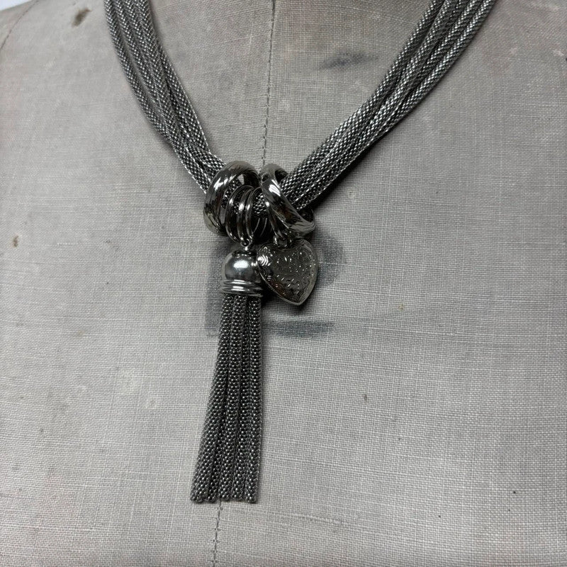 layered chunky silver chain tassle necklace