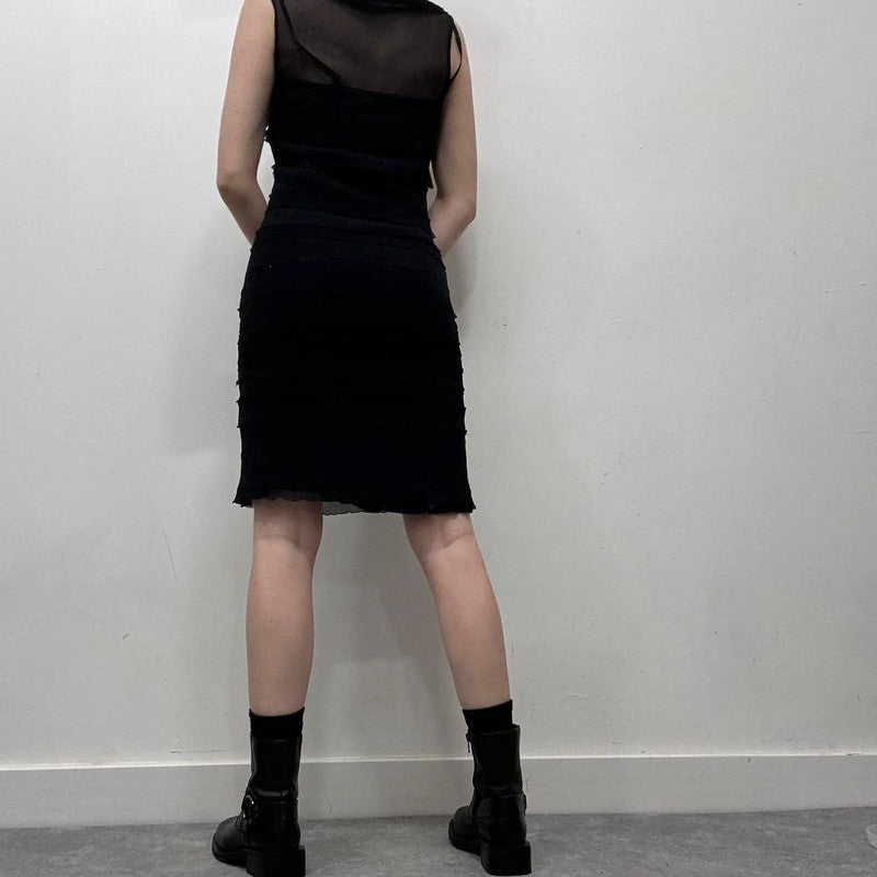 sheer ruffle black silk dress