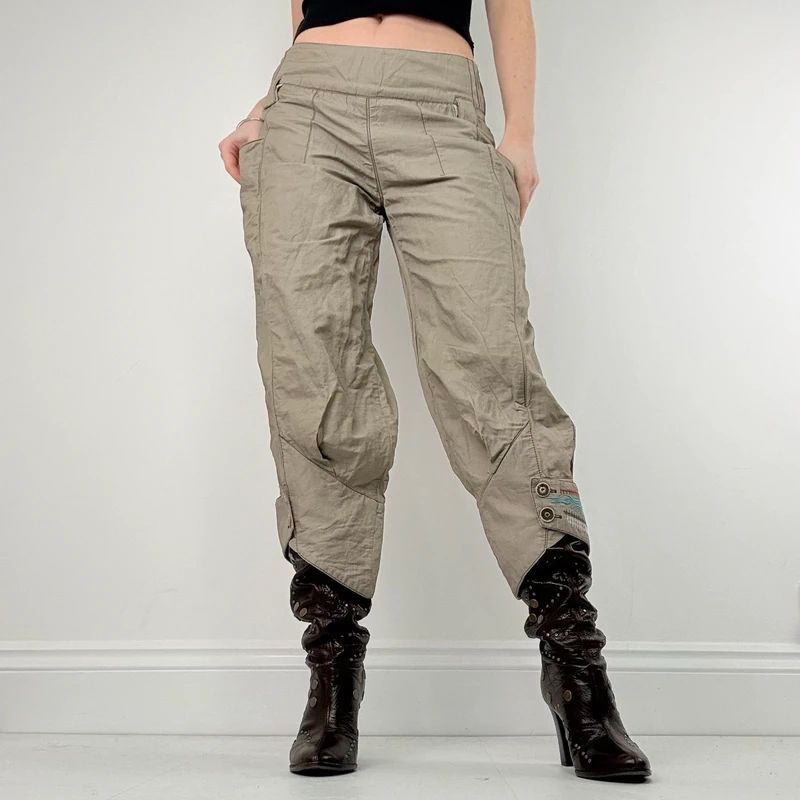 khaki low rise puff pleated trousers