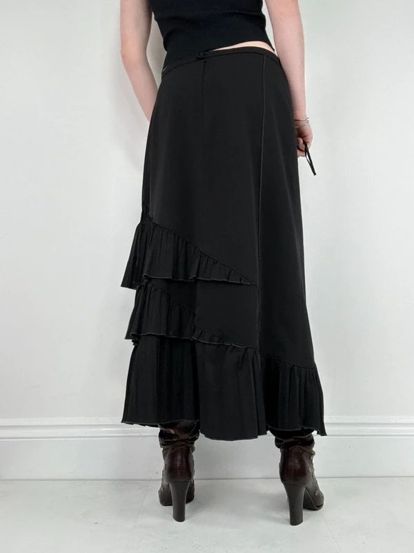 black asymmetric pleated ruffle maxi skirt