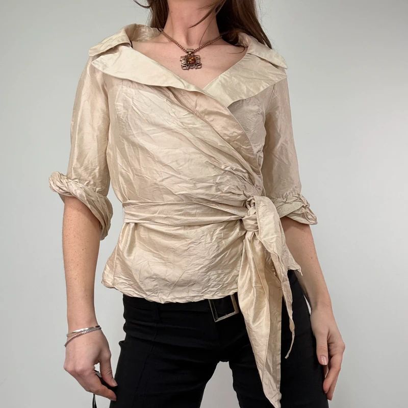 gathered crinkle silk structured wrap shirt