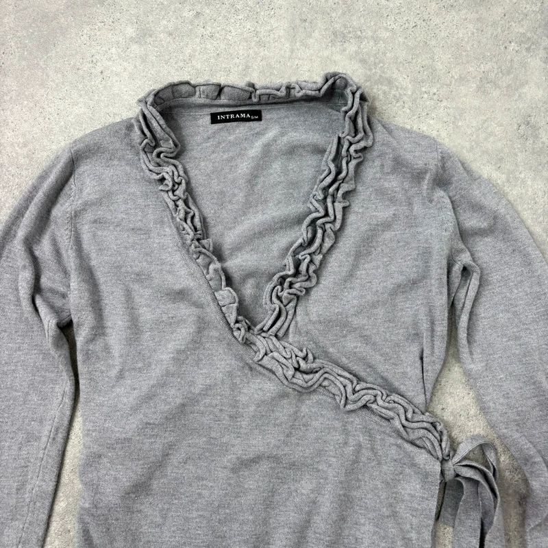 grey knit ruffle wrap cardigan