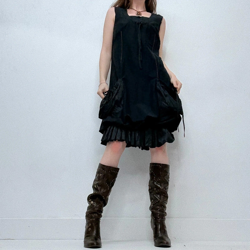 black puff gathered balloon dress