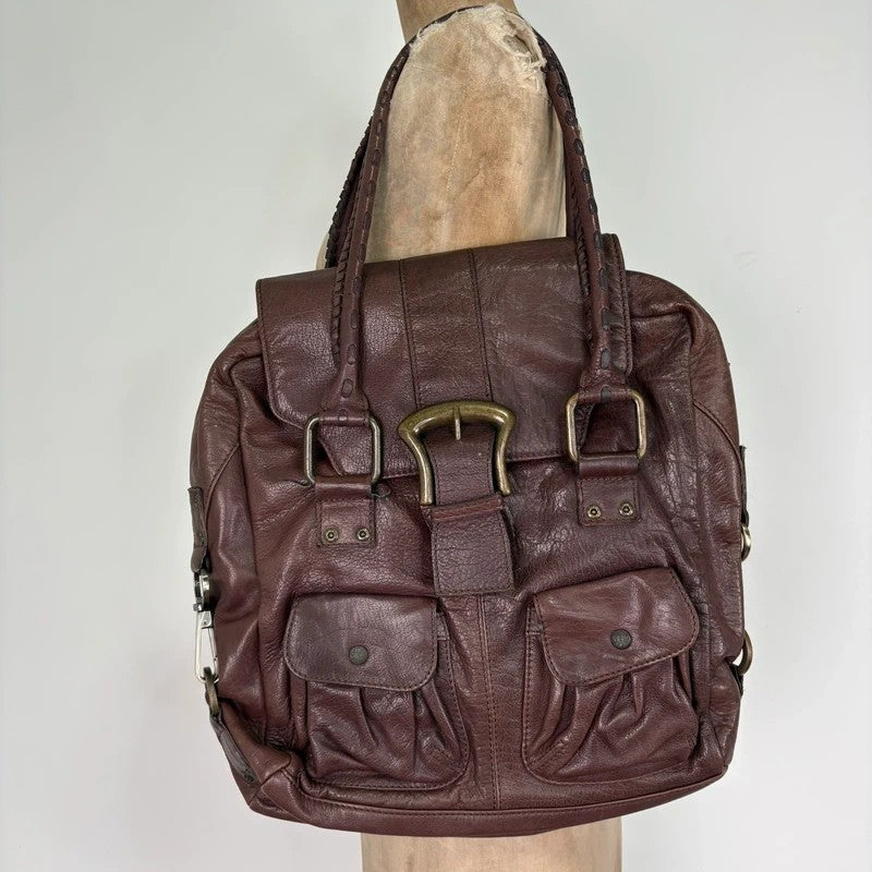 Brown buckle Y2K pocket slouchy tote bag