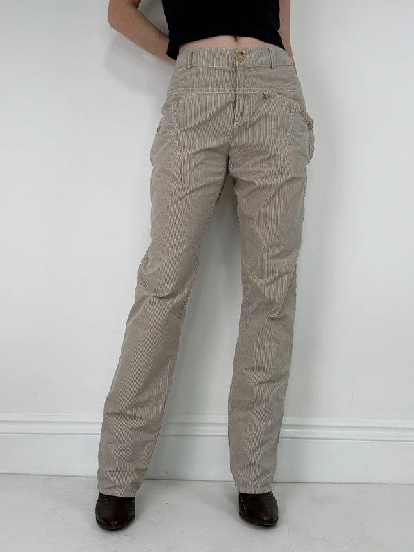 beige pinstripe cargo slim fit cotton trousers