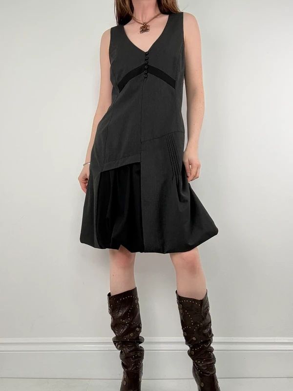 black deconstructed flared midi dress