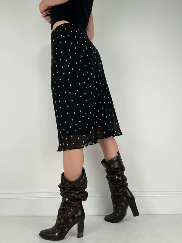Black and white polkadot flutter midi skirt