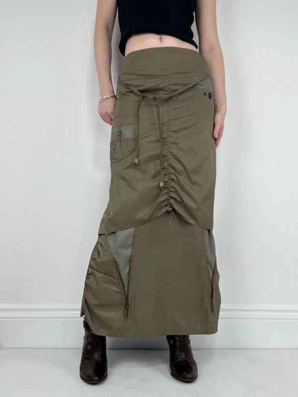 khaki utility gathered maxi skirt