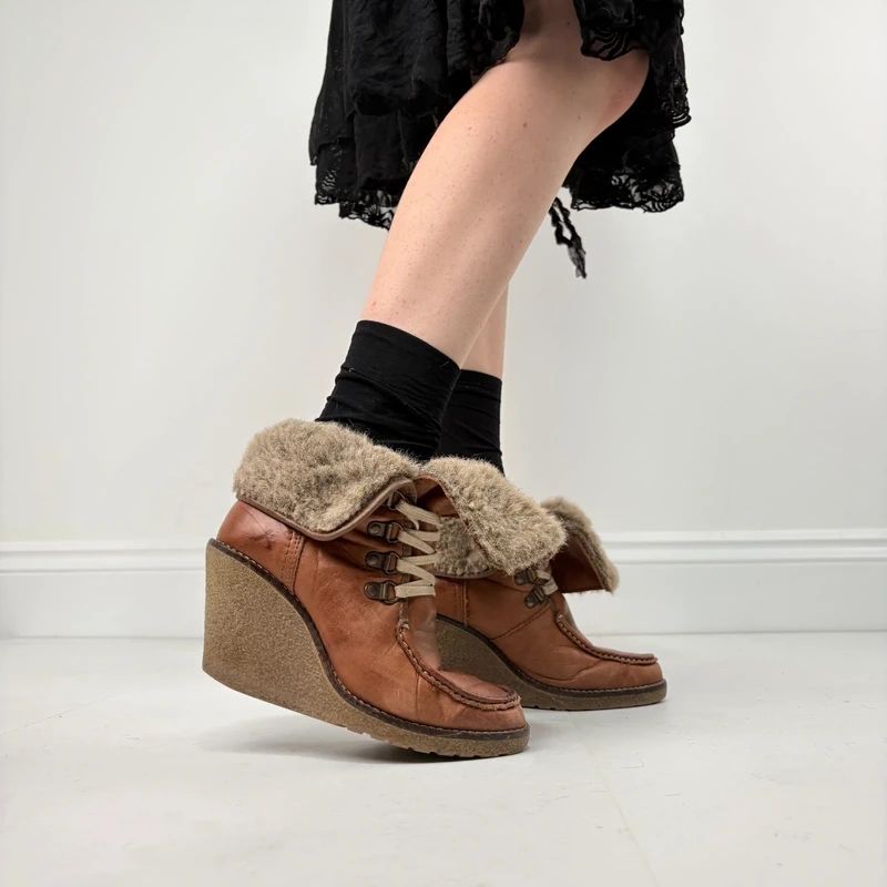 tan sheepskin leather wedge boots