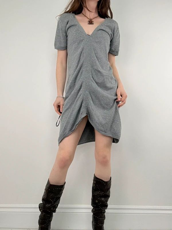 grey gathered draped front asymmetric dress