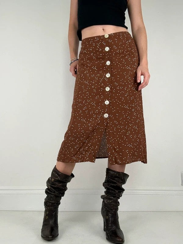 Brown polkadot button Rouje midi skirt