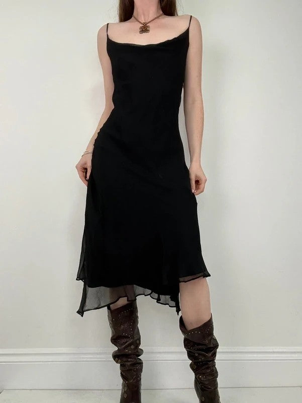 black silk bias cut layered flutter dress