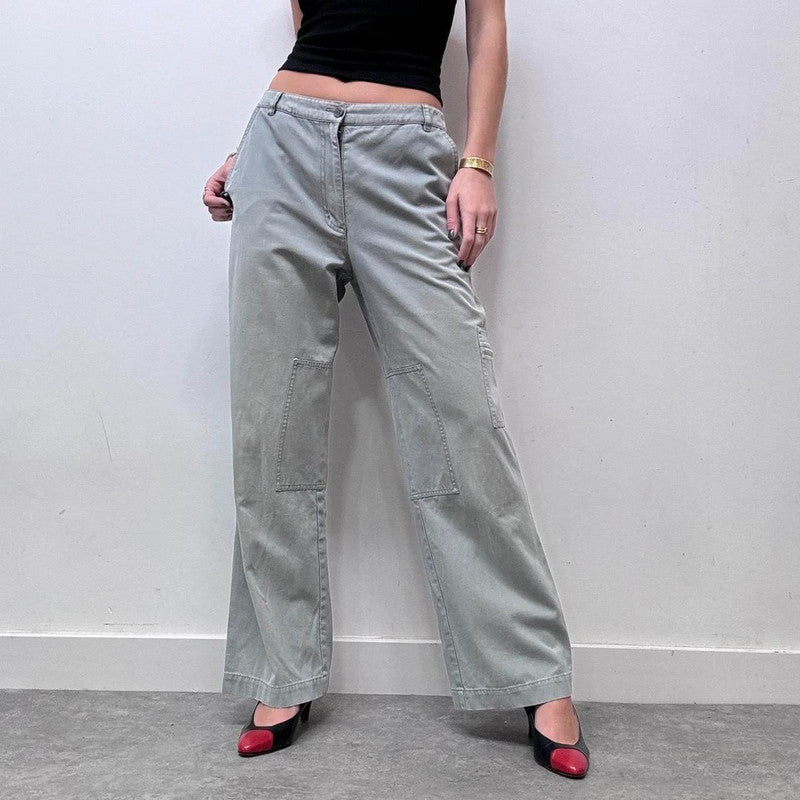 wide leg flared khaki distressed utility trousers