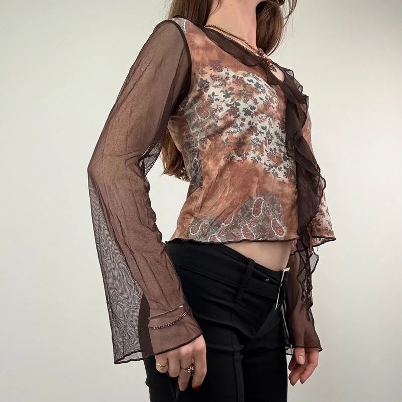 Brown floaty sheer Flared Boho Shirt
