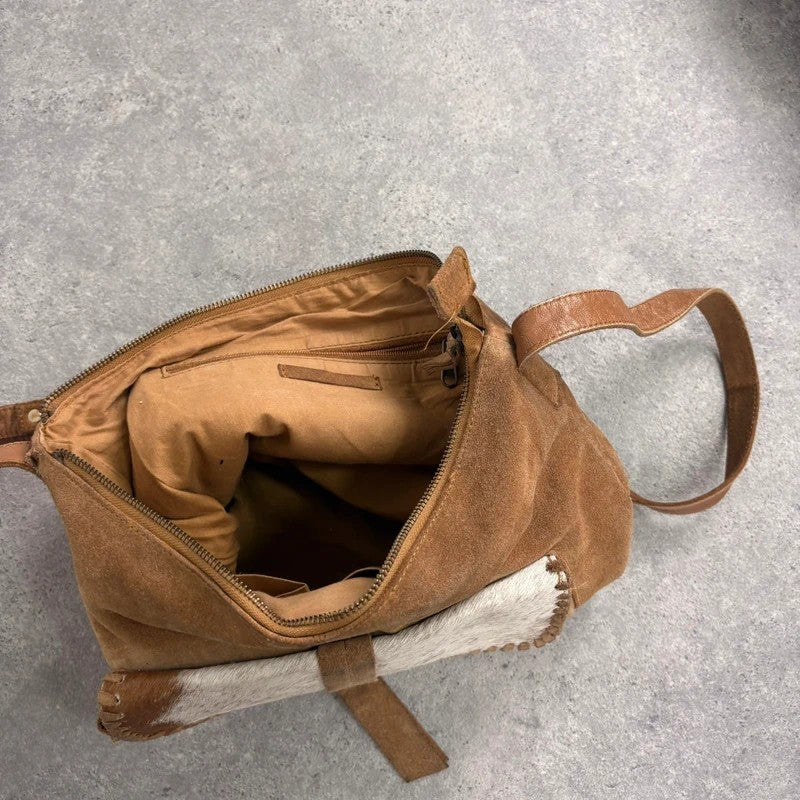 tan leather cowhide pony hair bag