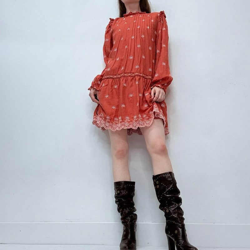 orange boho embroidered puff boho dress