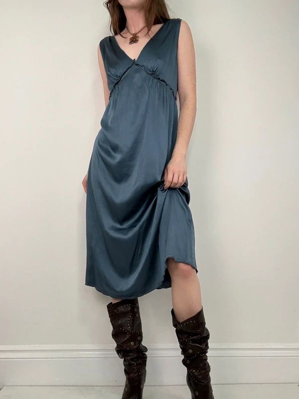 blue silk gathered floaty bias cut midi dress