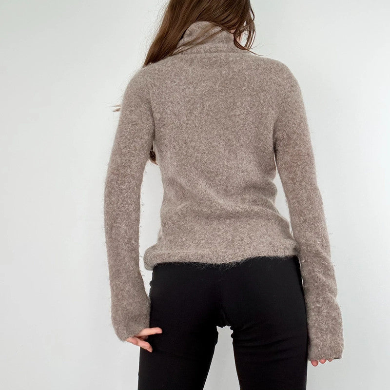 brown taupe fluffy knit mock neck