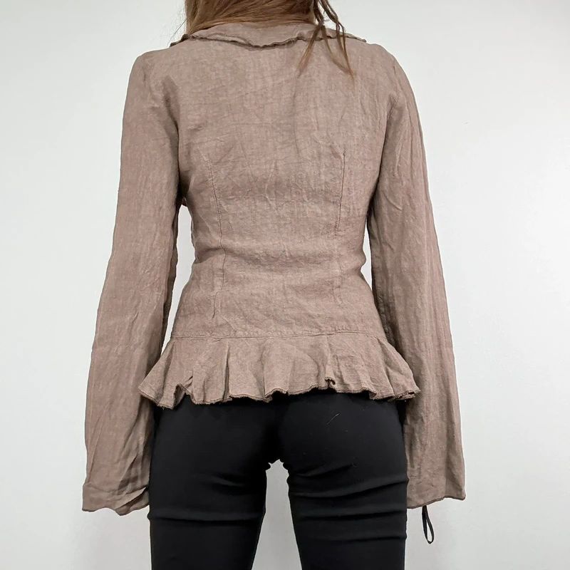 brown linen flared fitted ruffle shirt